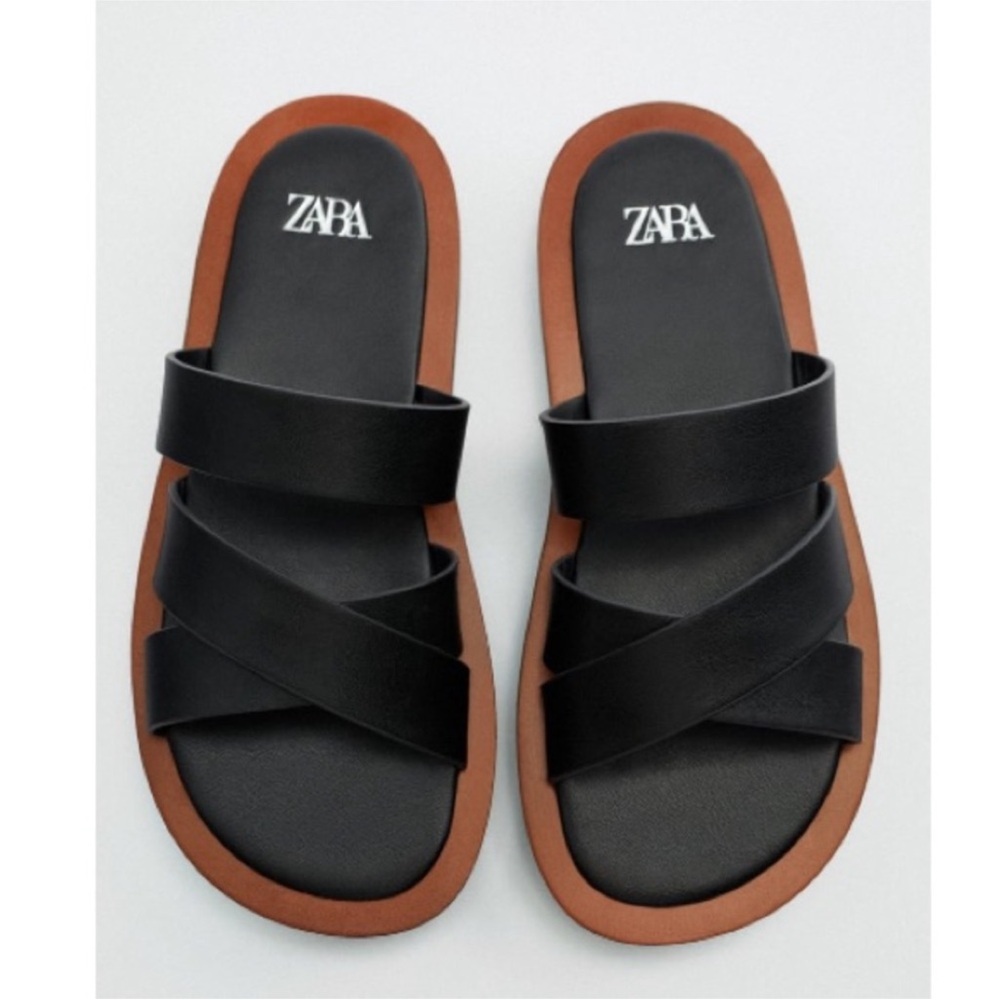 Zara Minimal Flat Sandals in Black and Brown Size 9